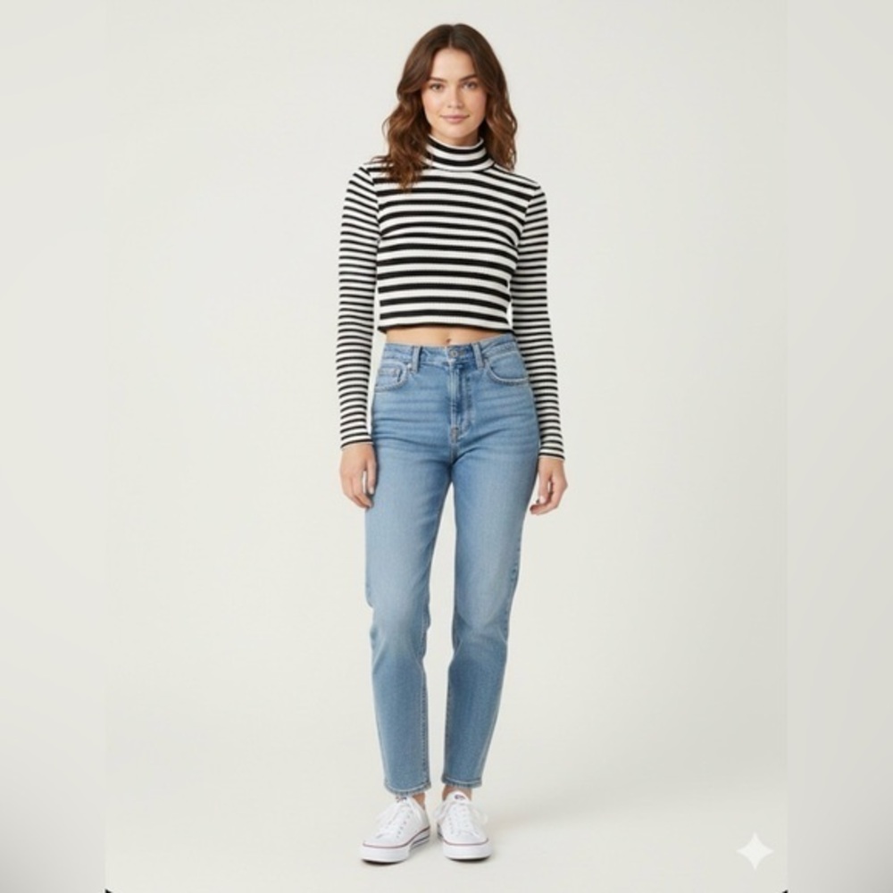 Aerie Women’s Small Blizzard Waffle Knit Mockneck T-Shirt Top Black Stripe S